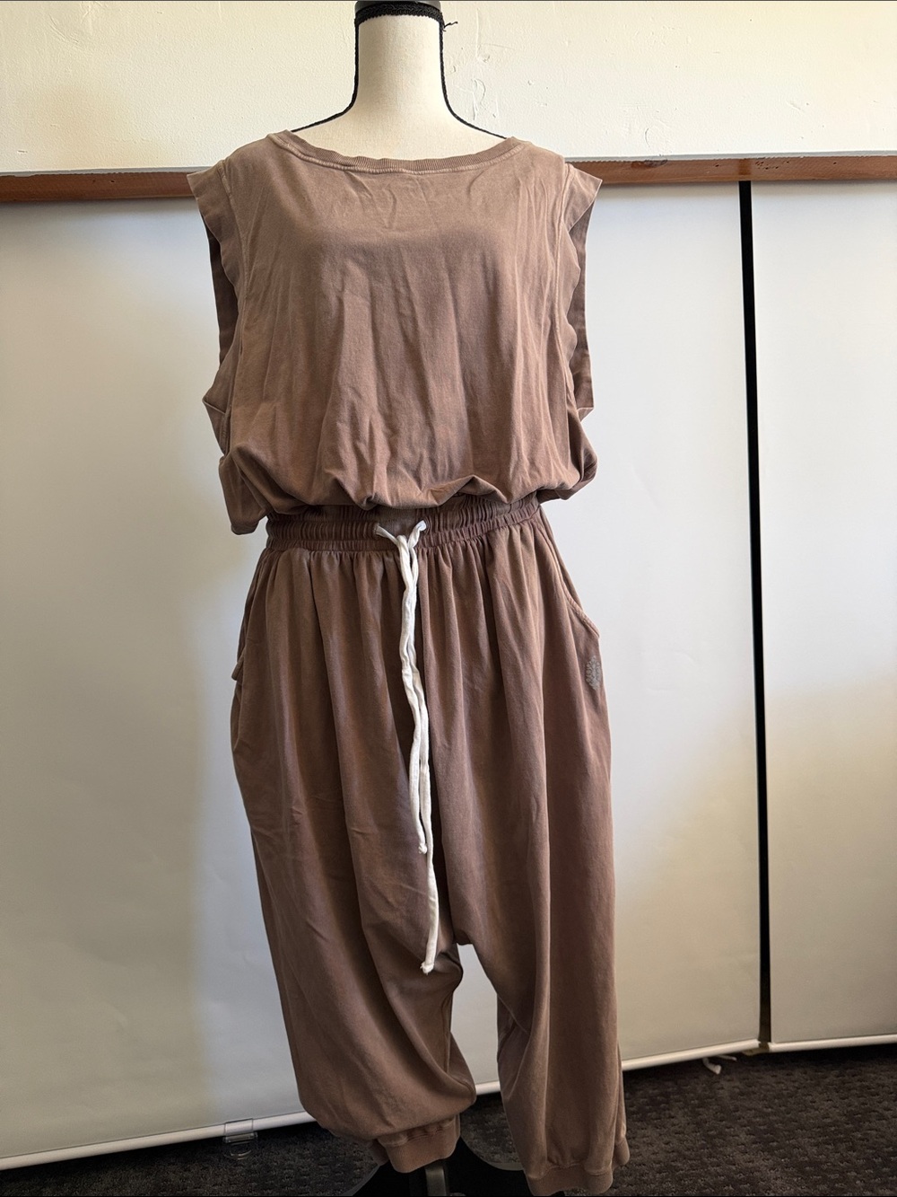 FP Movement by Free People Taupe Sleeveless Drawstring Jogger Jumpsuit